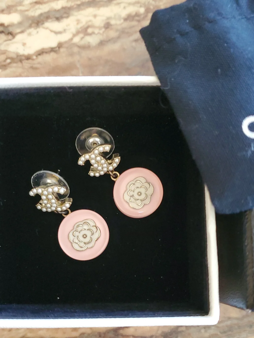 CHANEL Camellia Pink Pearl CC Drop Earrings with Floral Medallion